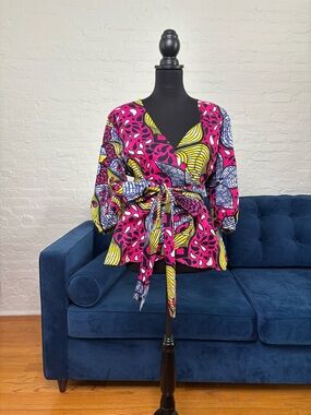 Suakoko Betty African Print Wrap Blouse with Tie Detail - XL